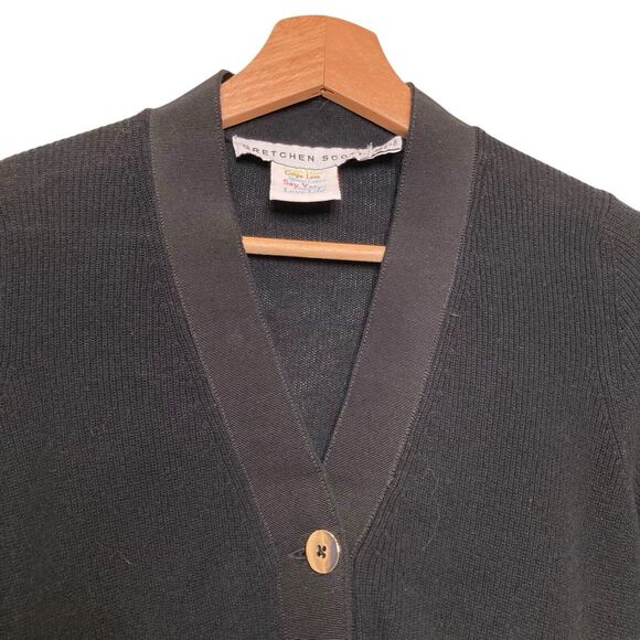 Gretchen Scott Womens XS Black Sweater Cardigan Gold Buttons Side Slits HiLo Hem - Picture 9 of 12